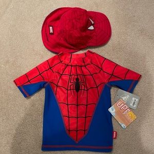 Spider-Man Toddler Boys Disney swim top rash guard Universal Studios hat size 2